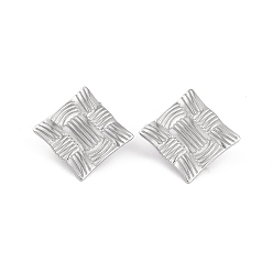 Stainless Steel Color Non-Tarnish 304 Stainless Steel Stud Earrings for Women, Texture Rhombus, Stainless Steel Color, 24x24mm