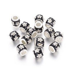 Black Alloy Enamel European Beads, with Grade A Rhinestones, Large Hole Beads, Barrel, Silver Color Plated, Black, 9x9mm, Hole: 4.5mm