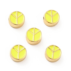 Желтый Плоские круглые со знаком мира латунные эмалевые бусины, реальный 18 k позолоченный, без кадмия, без никеля и без свинца, желтые, 10x4.5 мм, отверстие : 1.8 мм