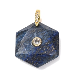 Ляпис-Лазурь Граненые подвески из натурального лазурита, шестиугольные подвески с латунными микропаве из прозрачных кубических цирконий в качестве застежек., золотые, 28.5x25.5x8 мм, отверстие : 6.5x4 мм