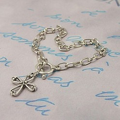 Antique Silver Iron Cable Chain Bracelet Making, with Tibetan Style Pendants and Tibetan Style Bar & Ring Toggle Clasps, Cross, Antique Silver, 195mm