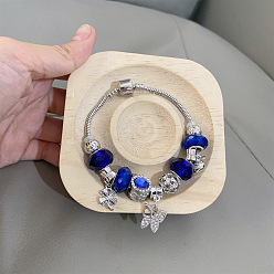 Средно-синий Браслеты с подвесками из европейских бусин в виде бабочки, браслеты из змеиной цепи для женщин, со стеклом и горным хрусталем, платина, светло-синий, внутренний диаметр: 2-1/2 дюйм (6.5 см)