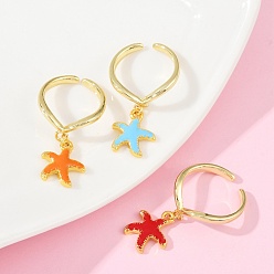 Настоящее золото 18K Кольца-манжеты с эмалью из латуни и морской звездой для женщин, стойки покрытие, прочное покрытие, без кадмия и без свинца, реальный 18 k позолоченный, 15x13.5 мм, внутренний диаметр: 17.6 мм