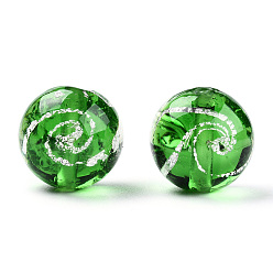 Green Handmade Silver Foil Lampwork Beads, Round, Green, 13~14mm, Hole: 1.6~1.8mm