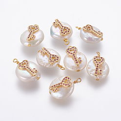 Темно-Розовый Подвески из натурального пресноводного жемчуга, с латунными микро проложить кубических выводы циркония, самородки с сердцем, золотые, темно-розовыми, 18~21x13~15x6~8 мм, отверстие : 1.5 мм