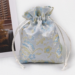 Light Steel Blue Chinese Style Rectangle Satin Cloth Flower Printed Drawstring Gift Bags, Storage Bags, Light Steel Blue, 12x9cm