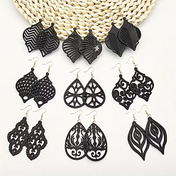 Coconut Brown Hollow Iron Wood Dangle Earrings for Women, Teardrop, Coconut Brown, 85~88x27~45mm, 9pairs/set