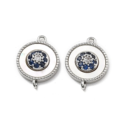 Платина Подвески-соединители из латуни с микропаве из синего кубического циркония и ракушки, без кадмия, без никеля и без свинца, плоско-круглые, платина, 16x12x3.5 мм, отверстие : 1 мм