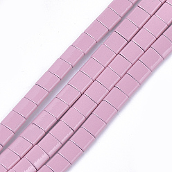 Фламинго Немагнитные синтетические гематитовые многожильные звенья, окрашенные распылением, для изготовления эластичных браслетов, квадратный, фламинго, 5x5x2 мм, отверстие : 0.6 мм, около 81 шт / нитка, 15.9 дюйм