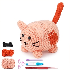 Pink DIY Crochet Kits, including Yarns and Filling Cottons, 1Pc Crochet Needle, 1Pc Eye Needle, 3Pcs Stitch Marker and 2Pcs Eye Cabochon, Pink, Package Size: 235x185x85mm