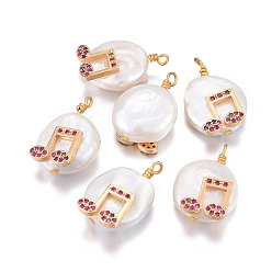 Темно-Розовый Подвески из натурального пресноводного жемчуга, с латунными микро проложить кубических выводы циркония, самородки с музыкальной нотой, золотые, темно-розовыми, 17~26x11~16x5~11 мм, отверстие : 1.6~2 мм