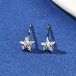 Платинированный Латунные серьги-гвоздики для женщин, морская звезда, Реальная платина, 5.5x5.5 мм