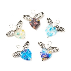 Mixed Color Handmade Millefiori Lampwork Pendants, with Tibetan Style Alloy Beads, Heart with Wing, Mixed Color, 22x23.5x3.5mm, Hole: 3.8mm