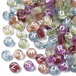 Couleur Mélangete Perles acryliques transparentes, trou horizontal, plat rond avec lettre argentée, couleur mixte, 7x4mm, Trou: 1.5mm, à propos de 3700pc / 500g