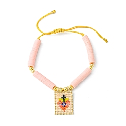 Сердце Прямоугольный браслет-подвеска Miyuki со стеклянным семенем, регулируемый браслет Heishi Surfer из полимерной глины в стиле преппи, сердце, внутренний диаметр: 2~3-3/4 дюйм (5~9.5 см), Кулон : 29x19 мм