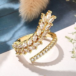 Настоящее золото 18K Кольца-манжеты для пальцев с покрытием из латуни с микропаве из прозрачного кубического циркония для женщин, долговечный, лист, реальный 18 k позолоченный, внутренний диаметр: 17 мм
