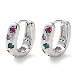 Платинированный Латунные серьги обруча, со стеклом, овальные, Реальная платина, 13.5x4.5x12 мм