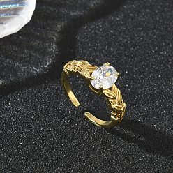 Золотой Латунные кольца-манжеты с прозрачными одинарными кубическими циркониями, пшеница с овальным, золотые, размер США 5 1/2 (16.1 мм)