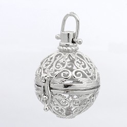 Платина Круглые подвески из латуни с полыми клетками, для ожерелья, без кадмия, без никеля и без свинца, платина, 38x28 мм, отверстия: 6x6 mm, 20 mm внутреннего диаметра