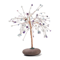 Флюорит Украшение из натурального флюорита, целебное каменное дерево, для балансировки чакр исцеляющими кристаллами рейки, скрученный с шасси из меди и гальки, дерево, 100~118x84x210~225 мм