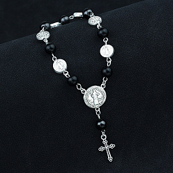 Черный Браслеты с подвесками из сплава святого бенедикта и креста, браслет из пластиковых четок, чёрные, 7-1/2 дюйм (19 см)