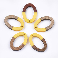 Gold Resin & Walnut Wood Pendants, Oval, Gold, 28.5x19.5x3~4mm, Hole: 1.8mm
