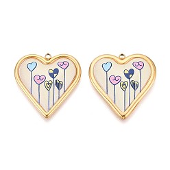 Льняное Полотно Печатный стиль 304 подвески в форме сердца из нержавеющей стали, ионное покрытие (ip), реальный 18 k позолоченный, белье, 31x29.5x3.5 мм, отверстие : 1.8~2 мм