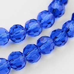 Blue Transparent Glass Bead Strands, Imitate Austrian Crystal, Faceted(32 Facets), Round, Blue, 6mm, Hole: 1mm, about 96~98pcs/strand, 20~21 inch
