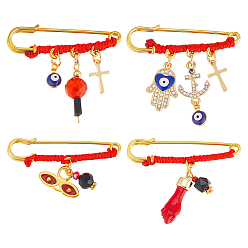 Золотой 4шт. железные броши, с подвесками из сплава, акрила, стекла и латуни, золотые, 34~44 мм