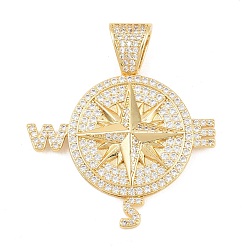 Настоящее золото 18K Латунные микропаве прозрачные подвески с фианитом, прелести компаса, долговечный, стойки покрытие, без свинца и без кадмия, реальный 18 k позолоченный, 46 мм, отверстие : 9x6 мм