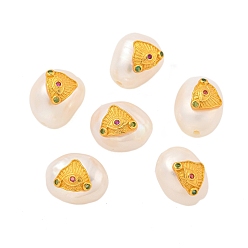 Настоящее золото 18K Овальные бусины из натурального пресноводного жемчуга, с долговечным покрытием стойка латунный треугольник с фурнитурой от сглаза, реальный 18 k позолоченный, 10~12x9~9.5x8.5~9 мм, отверстие : 1~1.2 мм