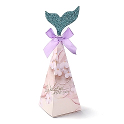 Pink Mermaid Candboard Box, with Bowknot and Fishtail, Gift Wrapping Bags, for Presents Candies Cookies, Cone, Pink, 6x6x19cm
