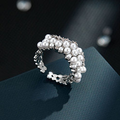 Платина Регулируемые открытые кольца-манжеты из латуни с микропаве из кубических цирконий и искусственного жемчуга, платина, внутренний диаметр: 15~20 мм