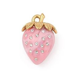 Бледно-Розовый 304 подвески из нержавеющей стали, клубника, смолой и горный хрусталь, ионное покрытие (ip), реальный 18 k позолоченный, розовый жемчуг, 31x21.5x15 мм, отверстие : 2.5 мм