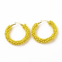 Золотистый Серьги-кольца из стеклянных бусин для женщин, настоящие 18k позолоченные большие круглые латунные серьги-кольца, золотые, 44x45x8.5 мм, штифты : 1.4x0.4 мм