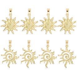 Настоящее золото 18K 8 шт 2 стили латунные подвески, солнце, реальный 18 k позолоченный, 21~23.5x18.5x3~3.5 мм, отверстие : 2.5~4 мм, 4 шт / стиль