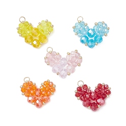 (52) Непрозрачная лаванда Стеклянные подвески, шарма сердца, с бисером и 304 соединительными кольцами из нержавеющей стали, граненые, реальный 18 k позолоченный, разноцветные, 18x23x6 мм, отверстие : 3 мм