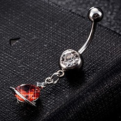 Rot Piercing-Schmuck, umweltfreundlicher Nabelring aus Zirkonoxid aus Messing, Bauchringe, mit 304 Edelstahlleiste, Planet, Platin Farbe, rot, 39x12 mm, Stange: 15 Spurweite(1.5mm), Stangenlänge: 3/8"(10mm)