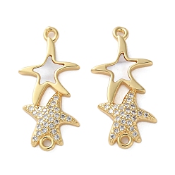 Настоящее золото 18K Подвески-подвески с двойной звездой из латуни с микропаве из прозрачного кубического циркония, с естественной оболочке, стойки покрытие, прочное покрытие, без кадмия и без свинца, реальный 18 k позолоченный, 28.5x13.5x3 мм, отверстие : 1.5 мм