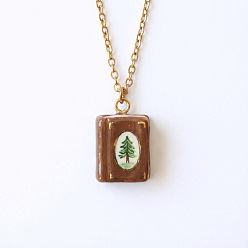 Sandy Brown 304 Stainless Steel Enamel Book Pendant Necklaces, Golden, Sandy Brown, 17.72 inch(45cm)