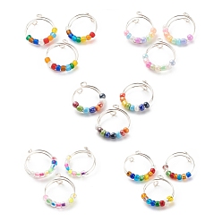 Silver Colorful Glass Beaded Rotating Cuff Rings, Copper Wire Wrap Ring for Anxiety Stress Relief, Silver, US Size 10 1/4(19.9mm)