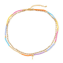 Letter T Красочные подвески с инициалами из бисера, двухслойные ожерелья, 304 ювелирные изделия из нержавеющей стали, золотые, Письмо T, 16.54 дюйм (42 см)