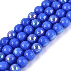 Королевский синий Гальванические непрозрачные стеклянные бусины, круглые, с покрытием цвета радуги, с половиным покрытием, королевский синий, 6~6.5 мм, отверстие : 0.8~1 мм, около 67~72 шт / нитка, 14.57~15.35 дюйм (37~39 см)