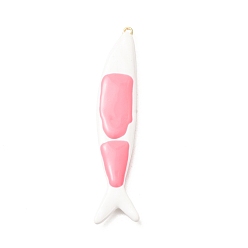 Pink Brass with Enamel Big Pendants, Fish Charms, Rack Plating, Long-Lasting Plated, Lead Free & Cadmium Free, Real 18K Gold Plated, Pink, 59x12x3.5mm, Hole: 4mm