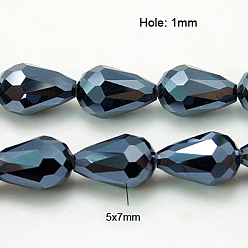 Black Plated Electroplate Glass Beads Strands, Faceted, teardrop, Black Plated, 7x5mm, Hole: 1mm, about 65~67pcs/strand, 18~18.5 inch(45.5~46.9cm)