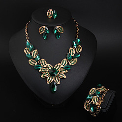 Зеленый Комплекты украшений из листового сплава из стекла для женщин, включая ожерелья и браслеты и серьги и перстень, зелёные, 430 мм