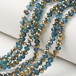 Cornflower Blue Electroplate Transparent Glass Beads Strands, Half Golden Plated, Faceted, Rondelle, Cornflower Blue, 4x3mm, Hole: 0.4mm, about 113~115pcs/strand, 41~42cm