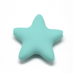 Cyan Food Grade Eco-Friendly Silicone Focal Beads, Star, Cyan, 37x36x10mm, Hole: 2mm
