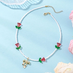 Красный Кулон в виде бантика из сплава, тюльпан, ожерелье из стеклянных бисеров для женщин., золотые, красные, 16.02 дюйм (40.7 см)