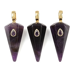 Amethyst Natural Amethyst Pointed Pendants, Faceted Cone Charms with Brass Micro Pave Cubic Zirconia Findings, Golden, 49~49.5x18.5~19x17.5~18mm, Hole: 5.5x7.5mm